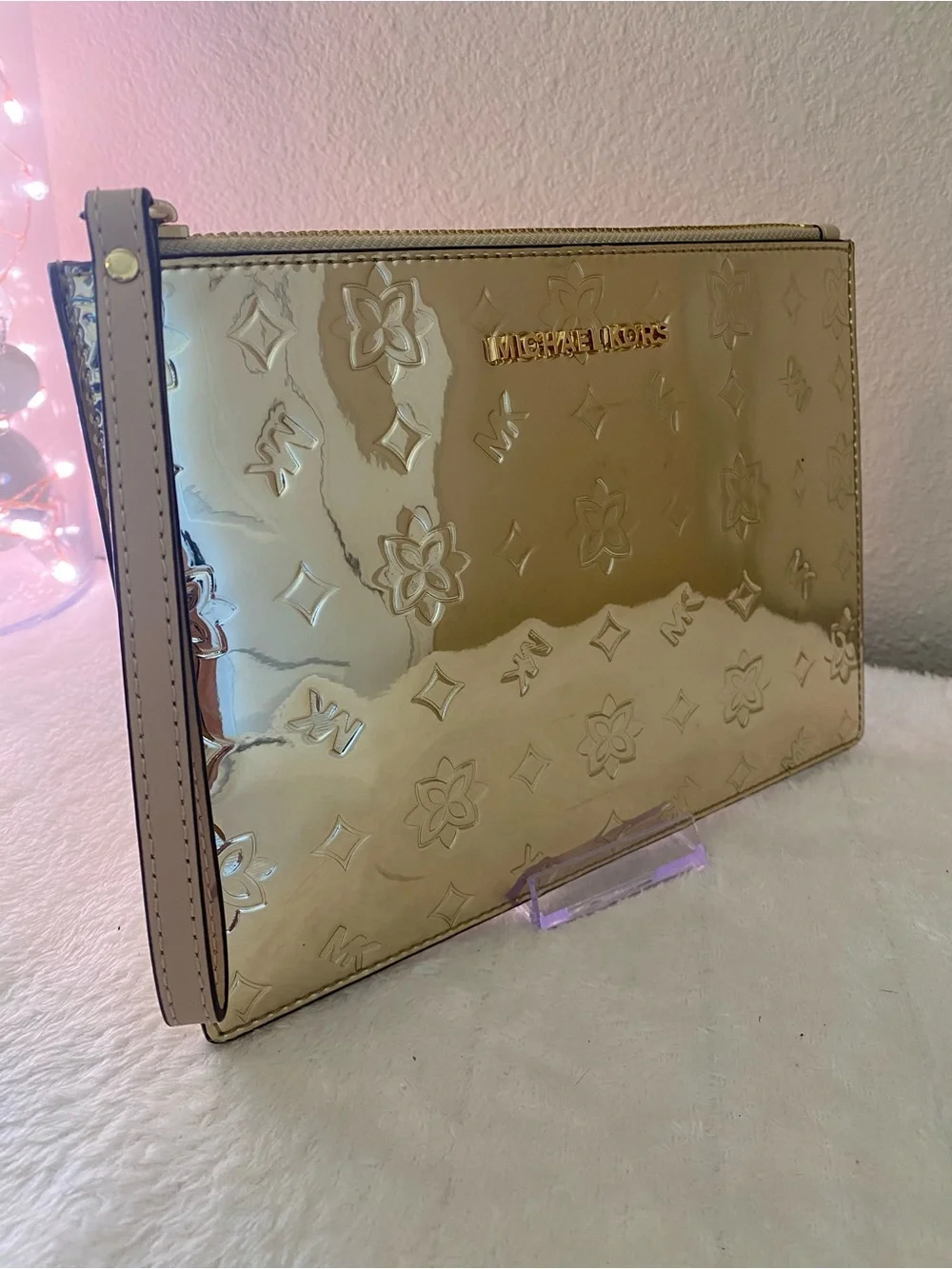 Michael Kors Gold Embossed, Mirror-Metallic Patent Wristlet Clutch XLarge